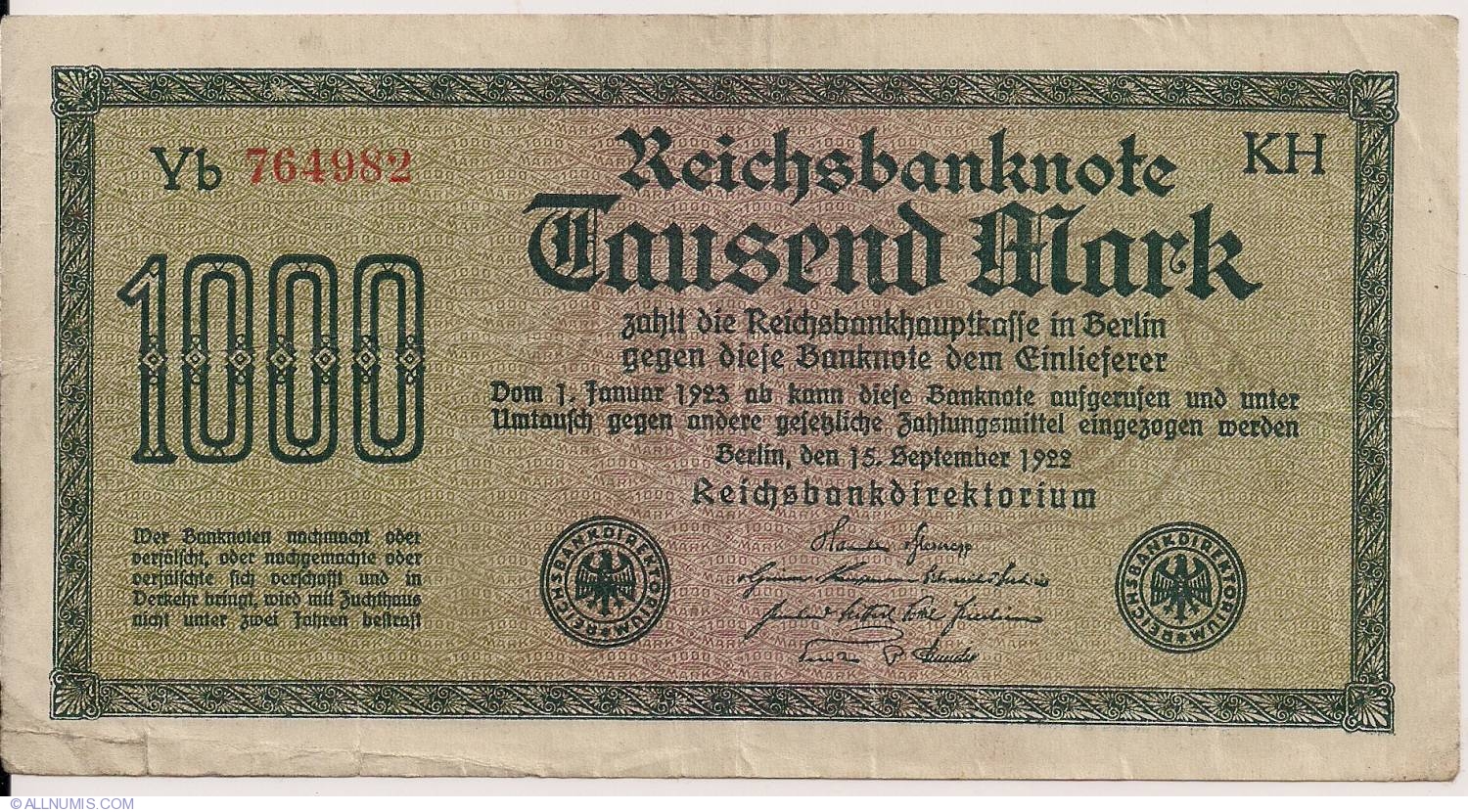 1000 Mark 1922, Weimar Republic (Reichsbanknoten) - Treasury Notes