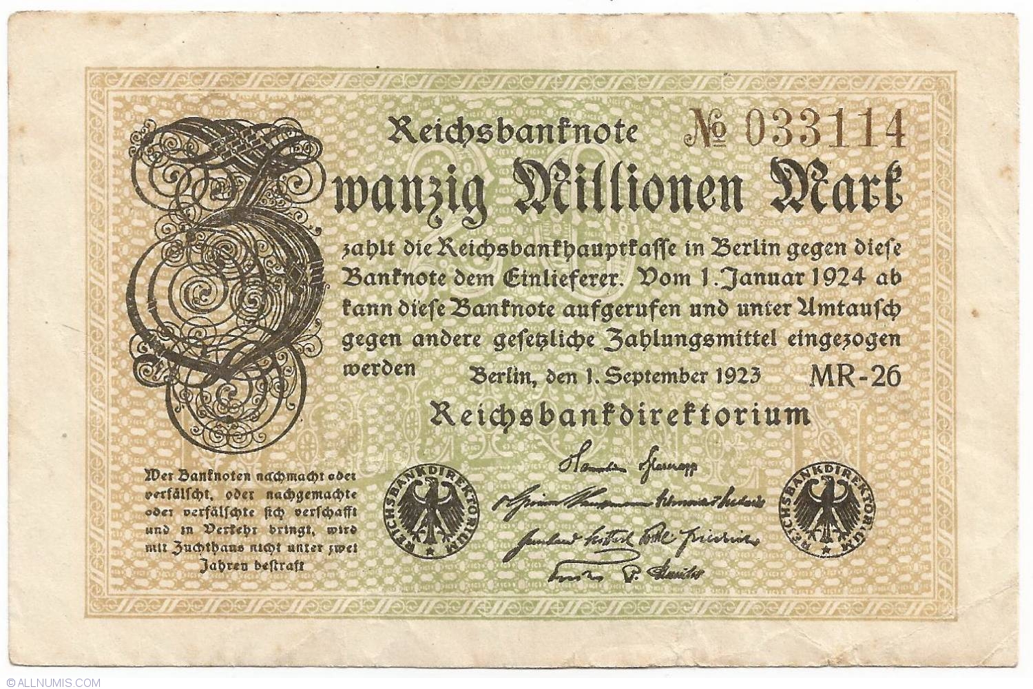 20 Millionen (20 000 000) Mark 1923 (1. IX.) - 1, Weimar Republic