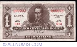 1 Boliviano L. 1928 - semnături Sánchez/ Prudencio/ Damaso Carrasco