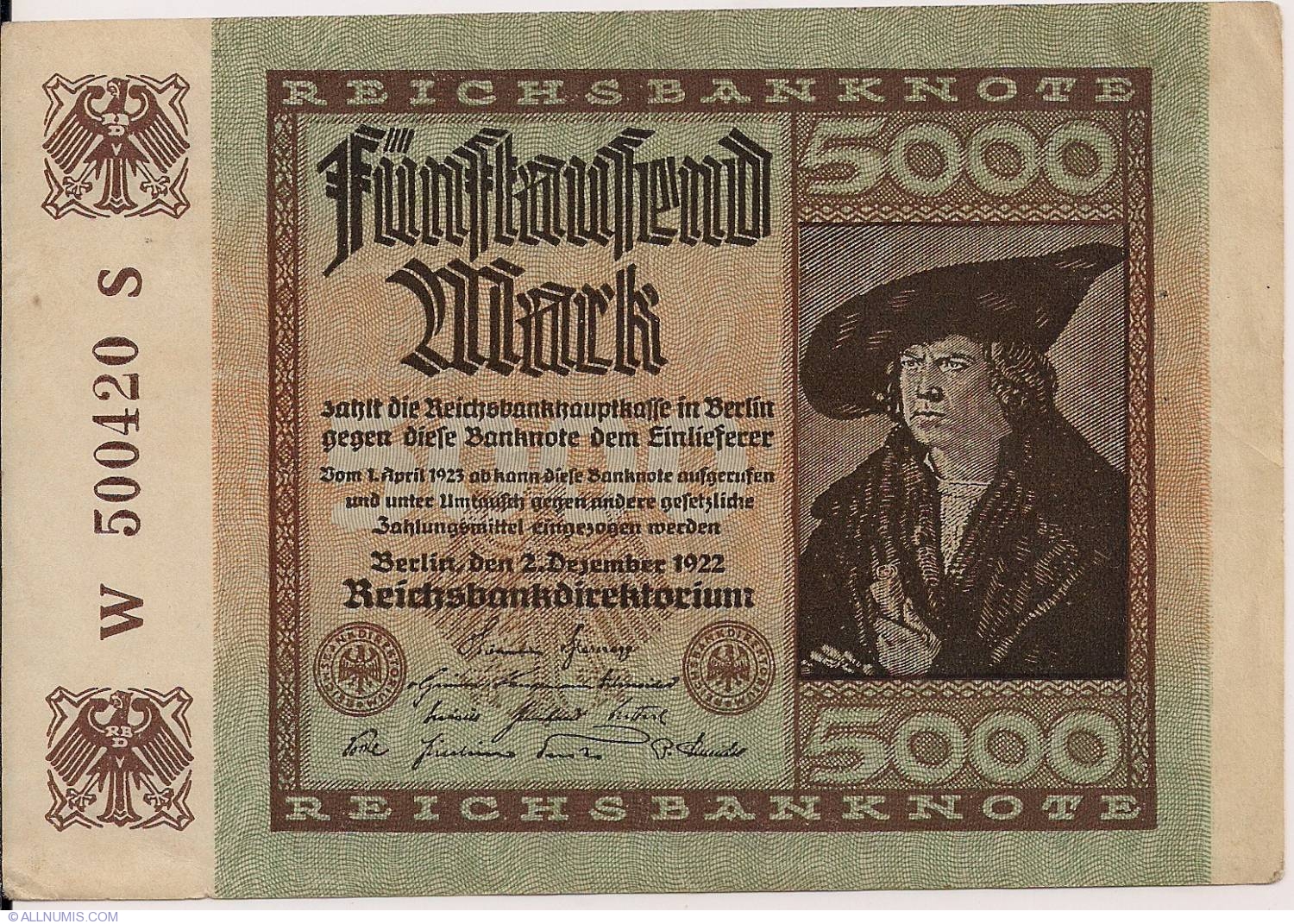 5000 Mark 1922 (2. XII.), Weimar Republic (Reichsbanknoten) - Treasury
