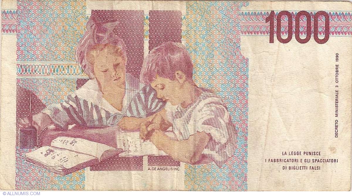 Italy 1000 Lire Mille 1990 Banknote Banknote Circulated 