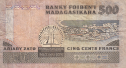 Image #2 of 500 Francs = 100 Ariary ND (1988-1993)