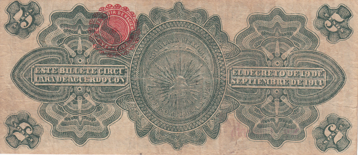 MEXICO BANKNOTE 5 Pesos Gobierno Provisional Pick S702b  VF  1914 