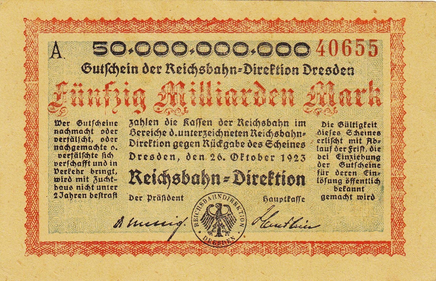 50 Milliarden (50 000 000 000) Mark 1923 (26. X.), 1923 Issue - German ...