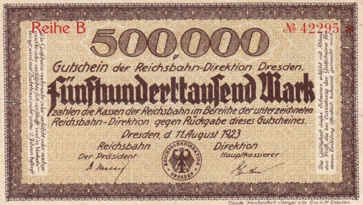 500 000 Mark 1923 (11. VIII), 1923 Issue - German State Railroad ...