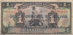 Image #1 of 1 Boliviano ND (1929) (Supratipar pe bancnota 1 Boliviano 1911 (11. V.) - P#103)