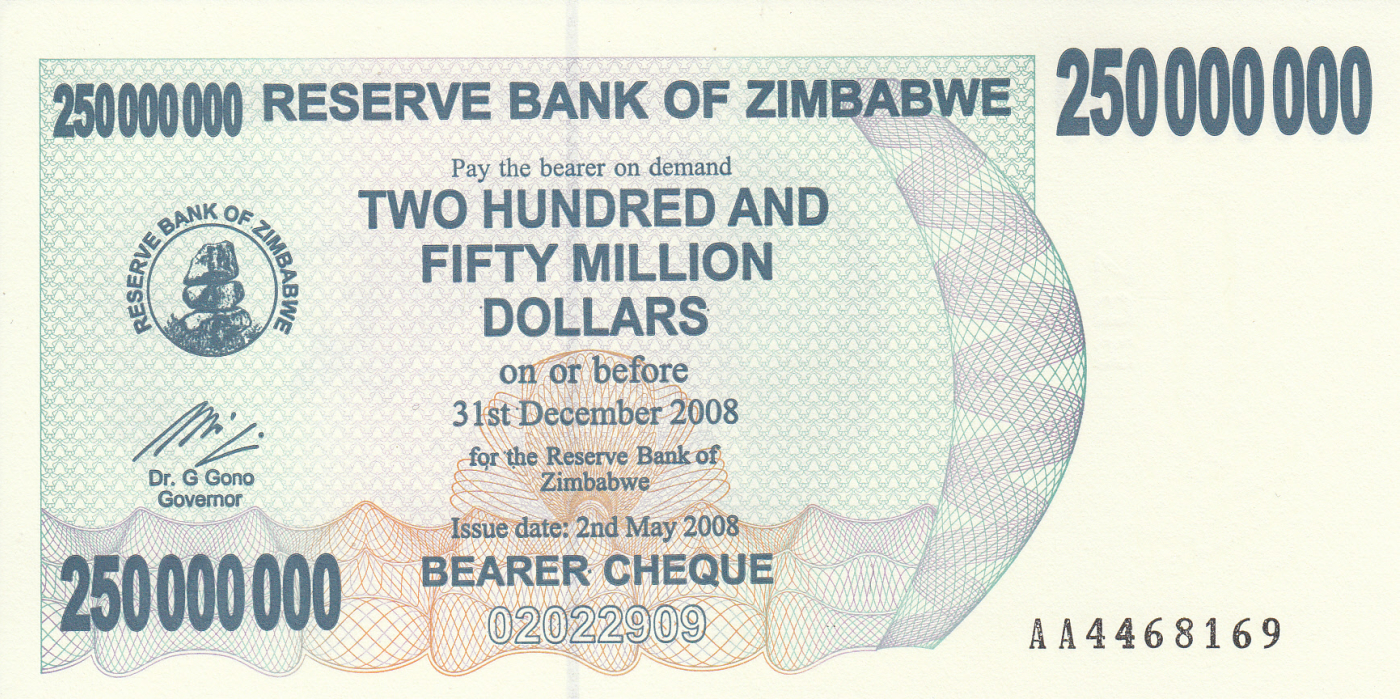 P59 Currency Zimbabwe 250 Million Dollars 2008 Bearer Check Money Banknote