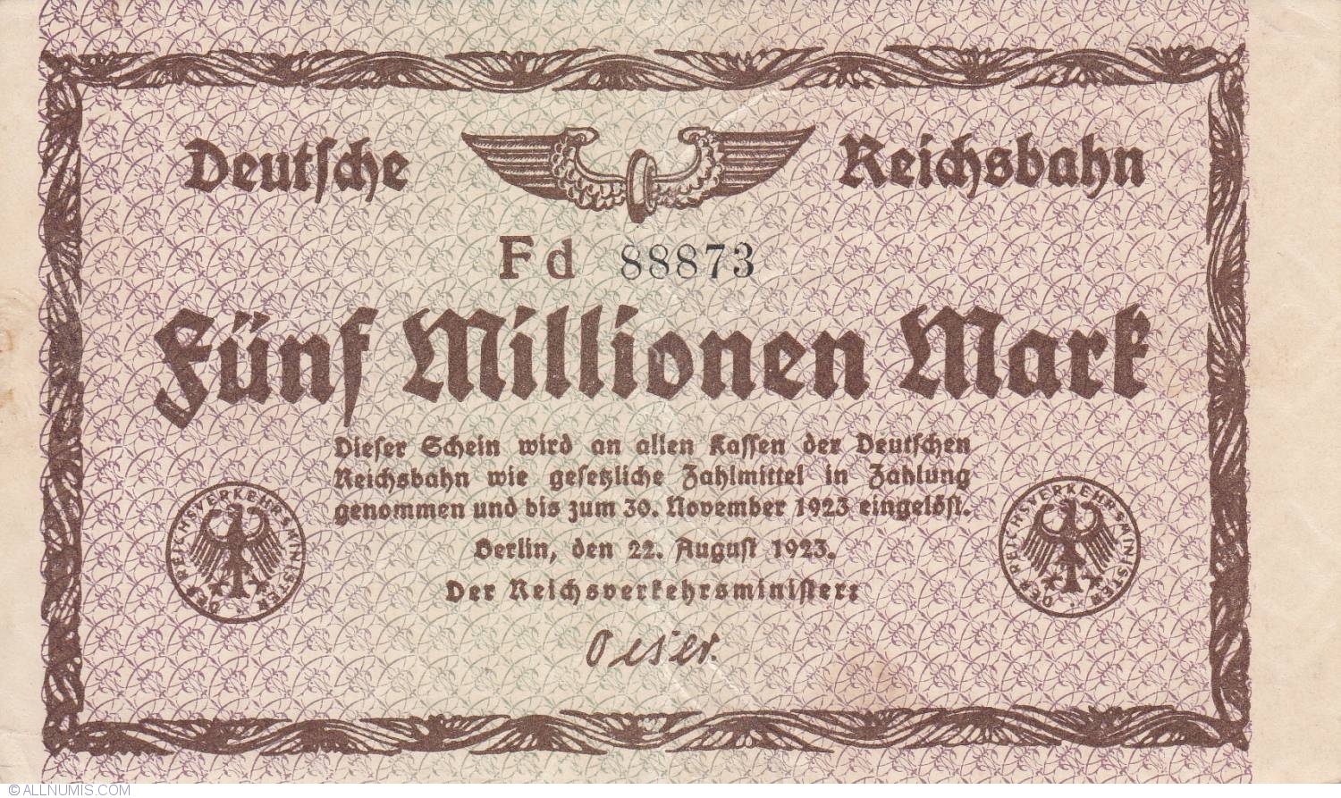 1923 Germany KIEL 5.000.000 5 Million Mark Banknote