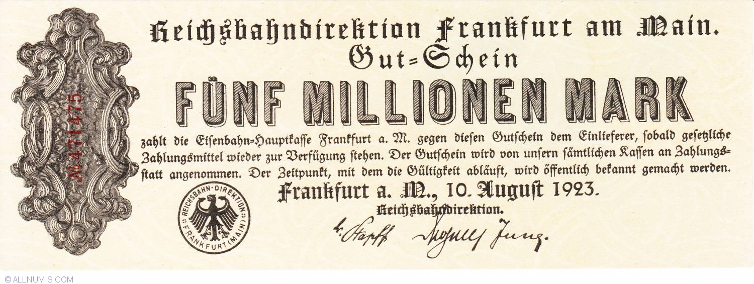 5 Millionen (5 000 000) Mark 1923 (10. VIII.), 1923 Issue - German ...