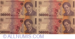 50 000 lei 2001/2002 - Coala de 4 bancnote netăiate (Cu certificat de autenticitate BNR)