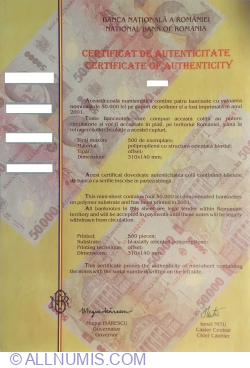 50 000 lei 2001/2002 - Coala de 4 bancnote netăiate (Cu certificat de autenticitate BNR)