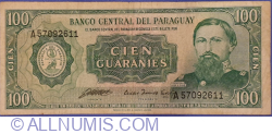 100 Guaranies L. 25. III. 1952 (1982) - semnături Alberto Cáceres Ferreira / César Romeo Acosta