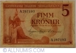 Image #1 of 5 Krónur L.1957 (5 digits serial number)