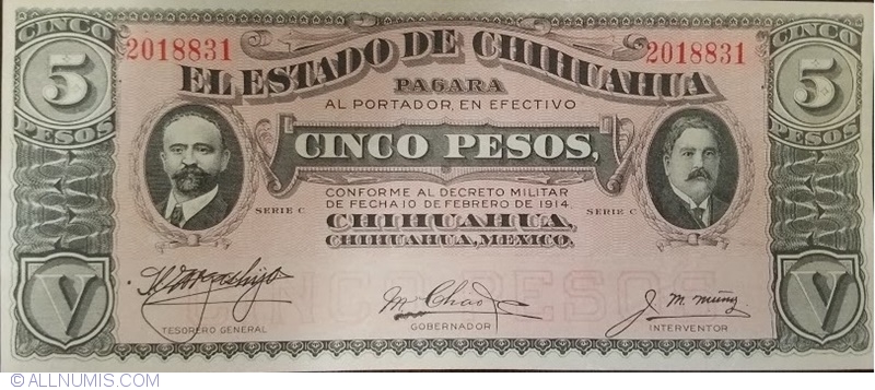 Mexico 5 Pesos 1914 1915 El Estado de Chihuahua Revolution Unc P-s532 