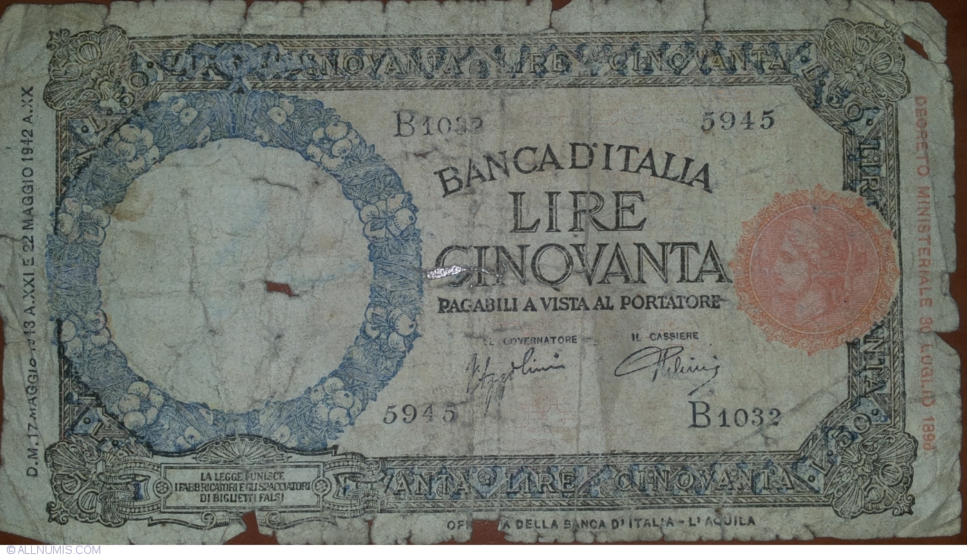 50 Lire 1942 (17. V.), 1943-1947 Issue - Banca d'Italia - Italy ...