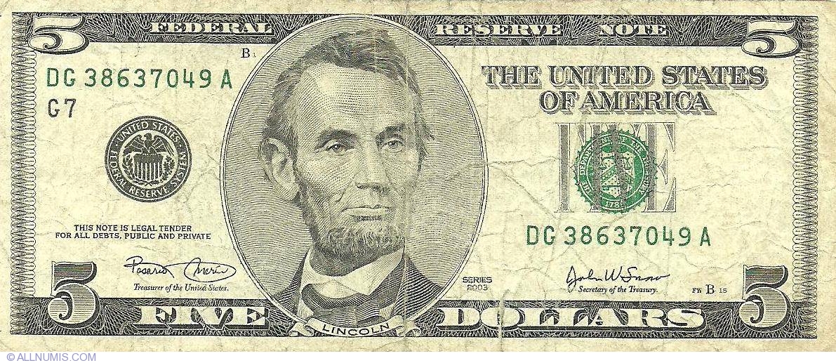 5 Dollars 2003 - G, 2003 Series - United States of America - Banknote ...