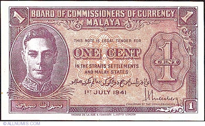 1 Cent 1941 (1. VII.) (1945), 1941-1942 (1945) Issue - Malaya ...
