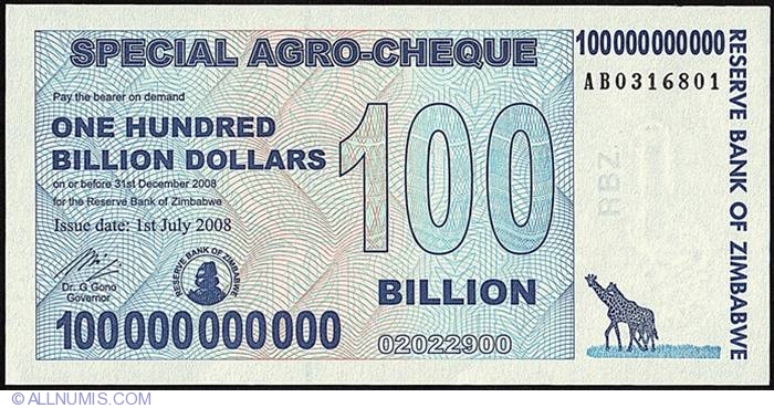 100 Billion Dollars 100 000 000 000 08 1 Vii 08 Special Agro Cheques Issue Zimbabwe Banknote 1817